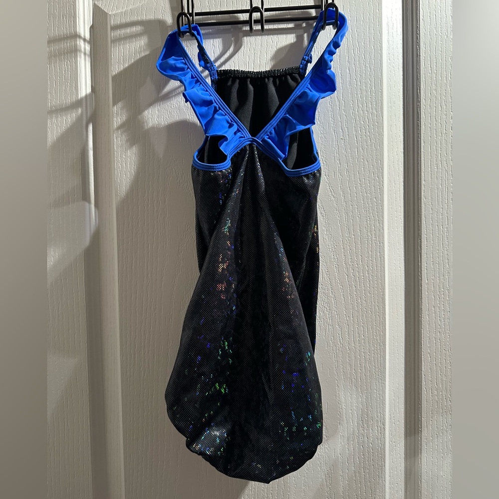 Black iridescent Leotard with blue flutter straps